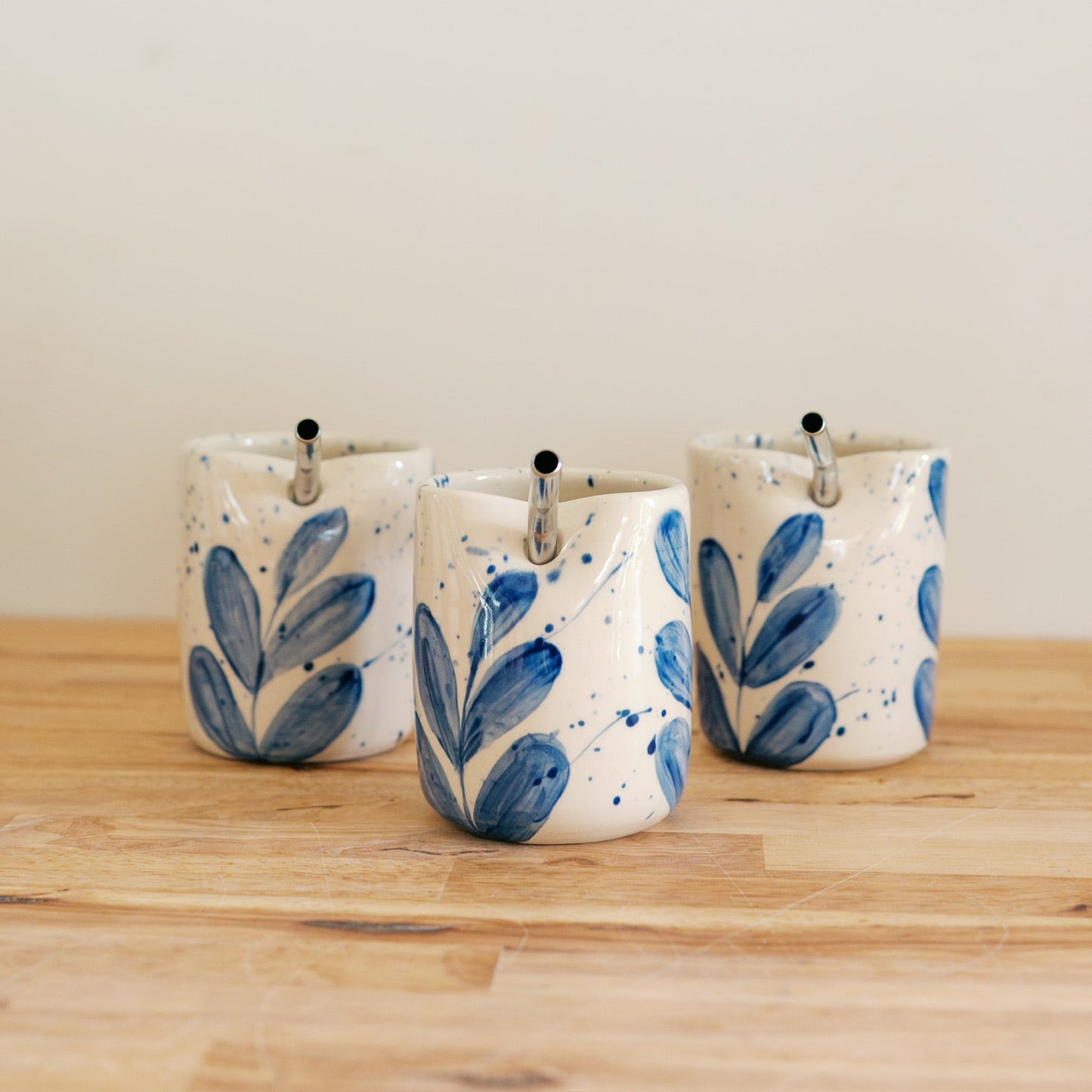 Blue Leaf Splatter Straw Cup