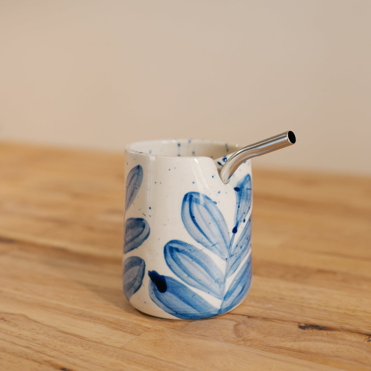 Splatter Blue Leaf Straw Cup